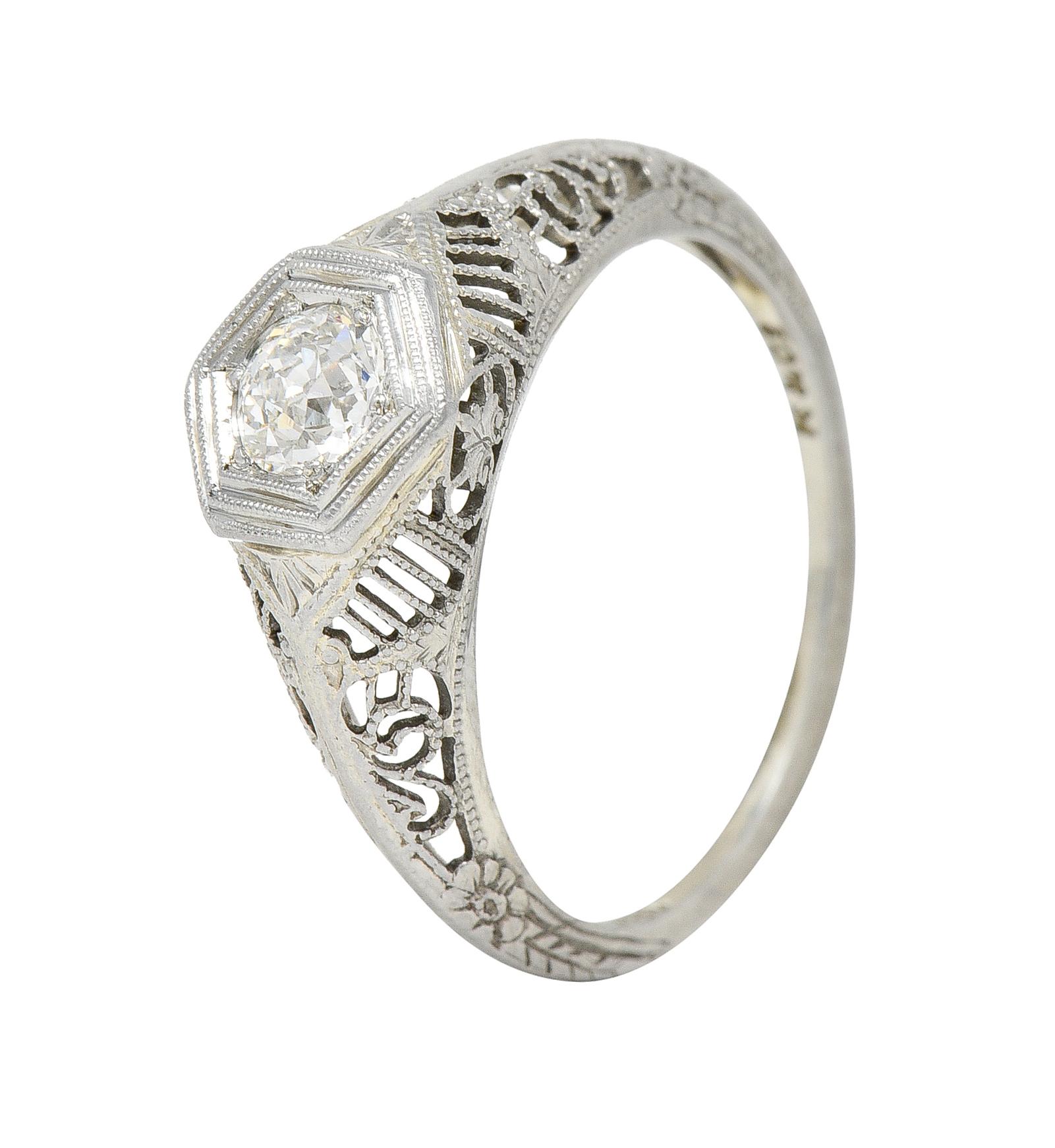 Women's or Men's Art Deco Old European Diamond 18 Karat White Gold Heart Vintage Engagement Ring For Sale