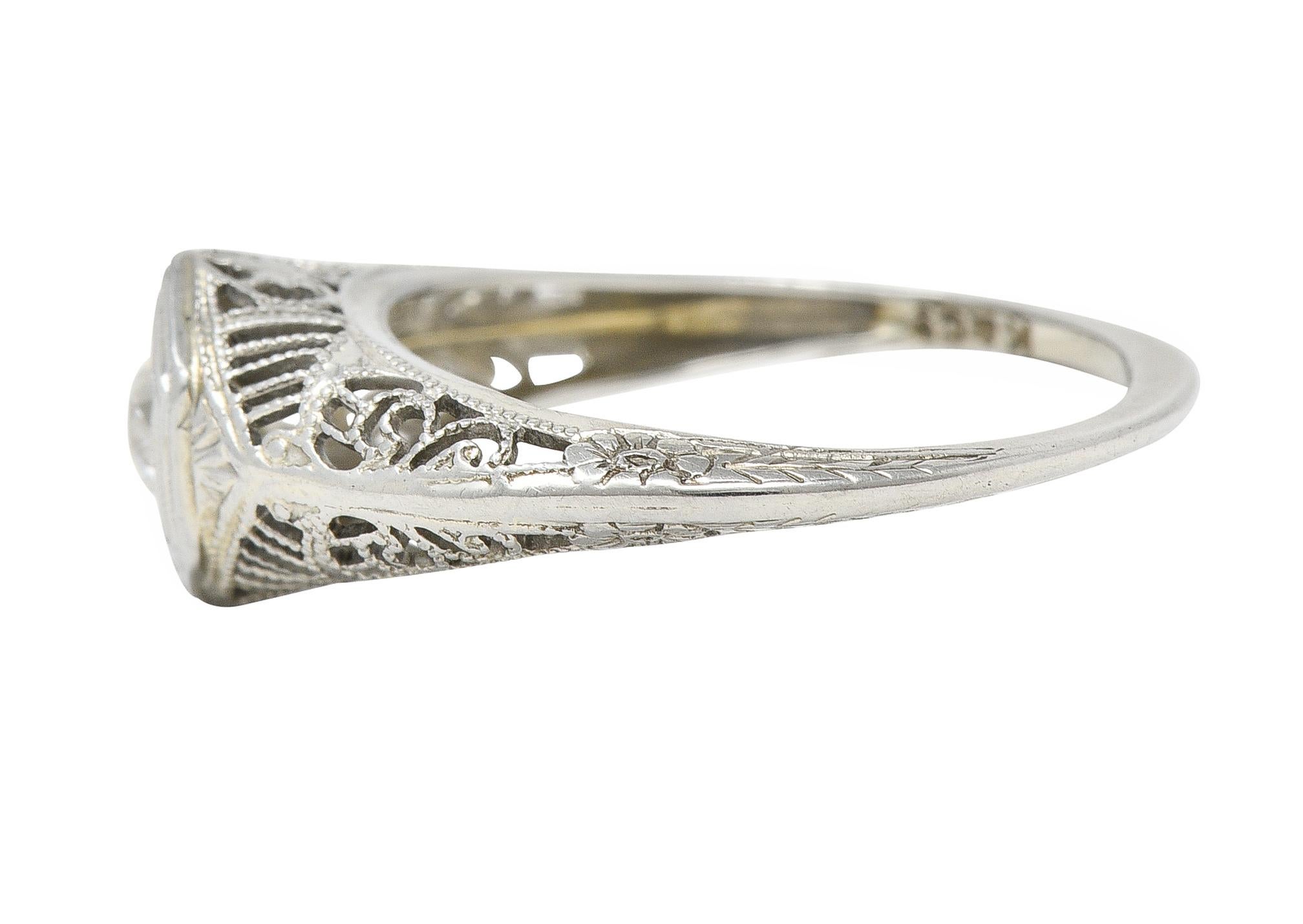 Art Deco Old European Diamond 18 Karat White Gold Heart Vintage Engagement Ring For Sale 3