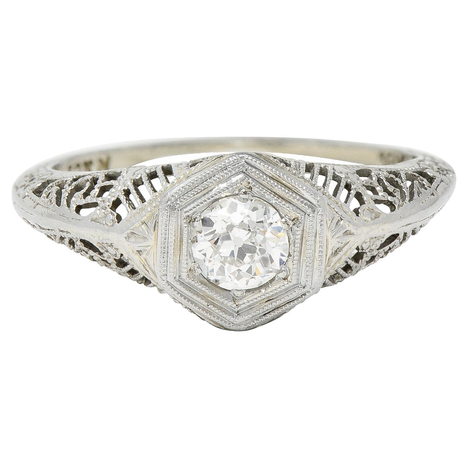 Art Deco Old European Diamond 18 Karat White Gold Heart Vintage Engagement Ring For Sale