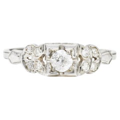 Art Deco Old European Diamond 18 Karat White Gold Step Foliate Engagement Ring