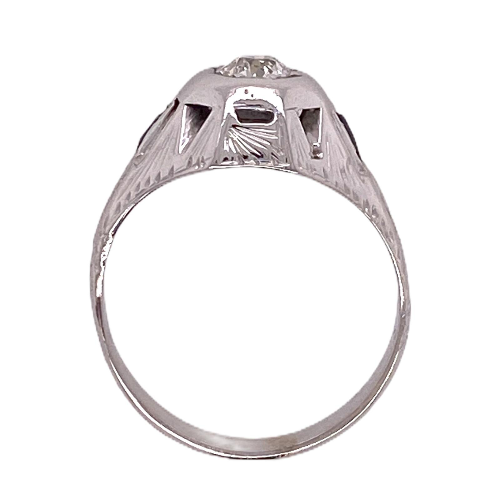Old European Cut Art Deco Old European Diamond 18 Karat White Gold Vintage Ring Sapphire Accents