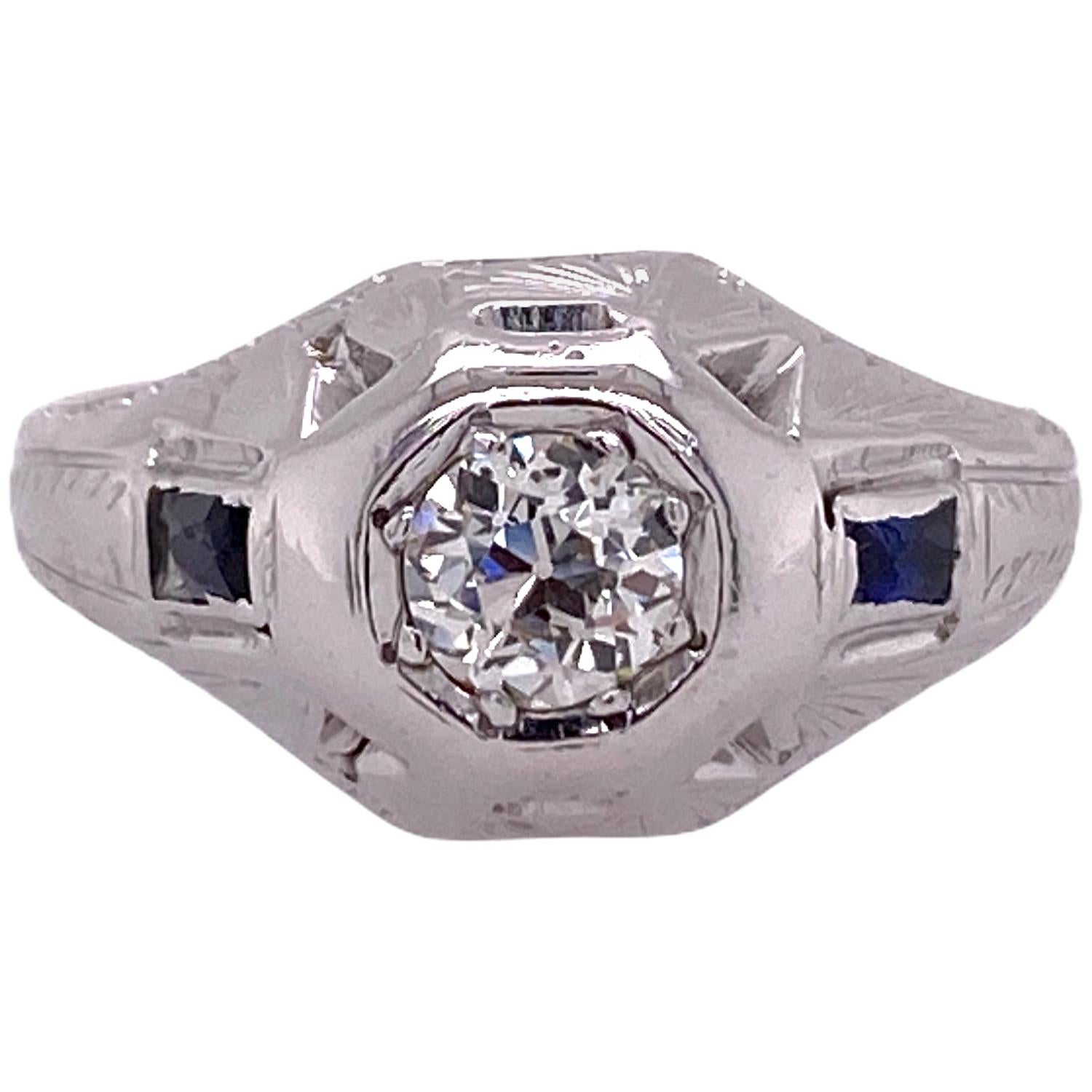 Art Deco Old European Diamond 18 Karat White Gold Vintage Ring Sapphire Accents