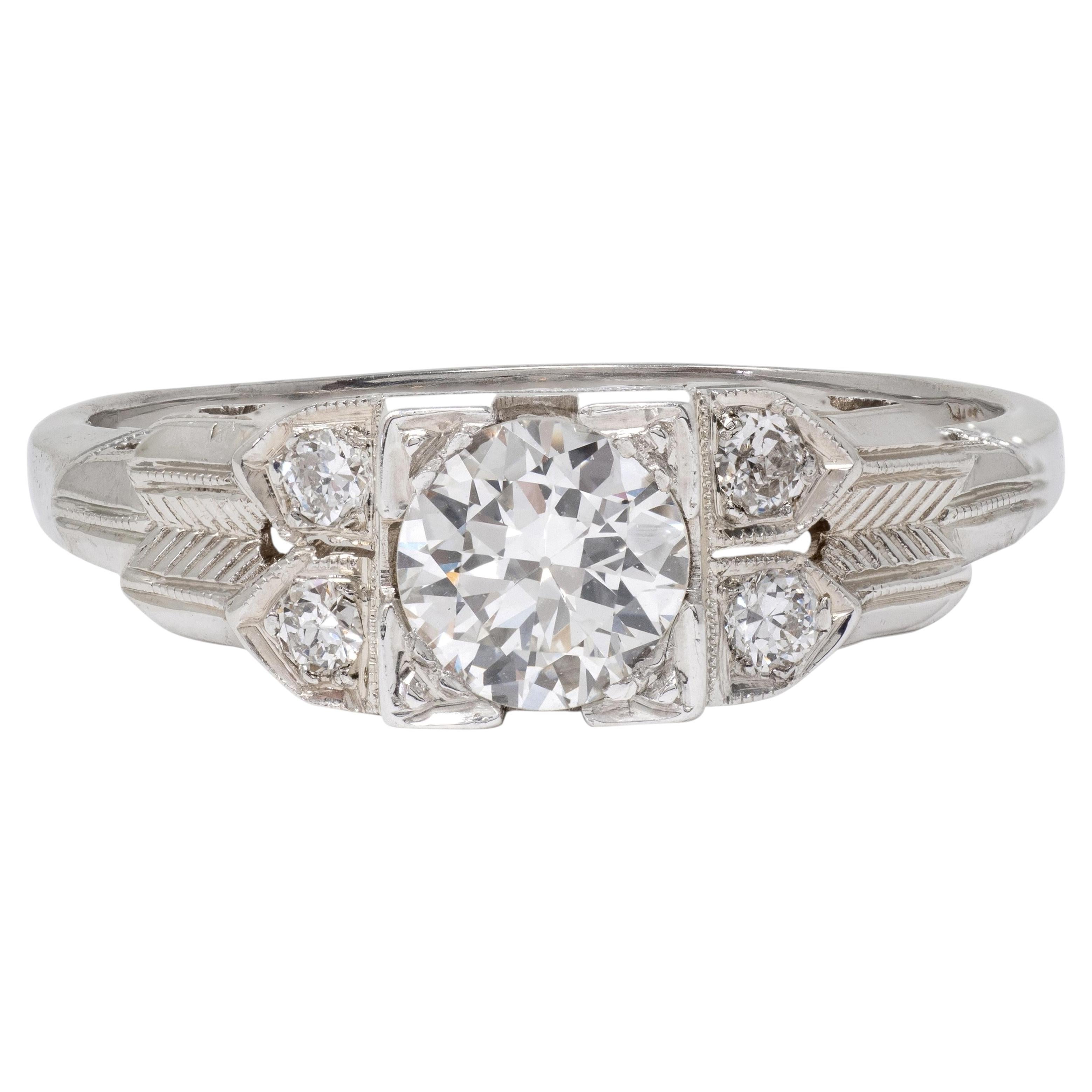 Art Deco Old European Diamond 18K White Gold Vintage Stepped Engagement Ring