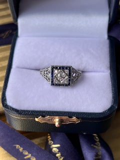 Art Deco Old European Diamond and Synthetic Blue Sapphire 18k White Gold Ring