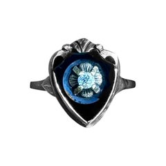 Art Deco Old European Diamond Black Onyx Heart Shield Ring Yellow Gold