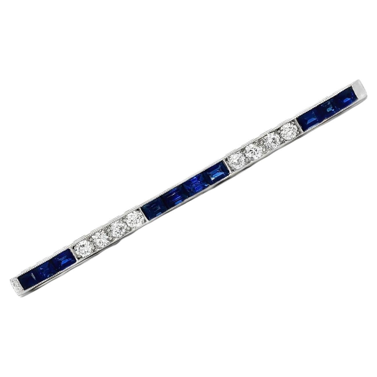 Art Deco Old European Diamond Blue Sapphire Platinum Antique Bar Pin