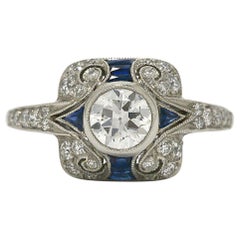 Art Deco Old European Diamond Blue Sapphires Platinum Filigree Engagement Ring