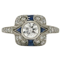 Antique Art Deco Old European Diamond Blue Sapphires Platinum Filigree Engagement Ring