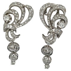 Art Deco Old European Diamond Drop Dangle Earrings 18 Karat White Gold Estate