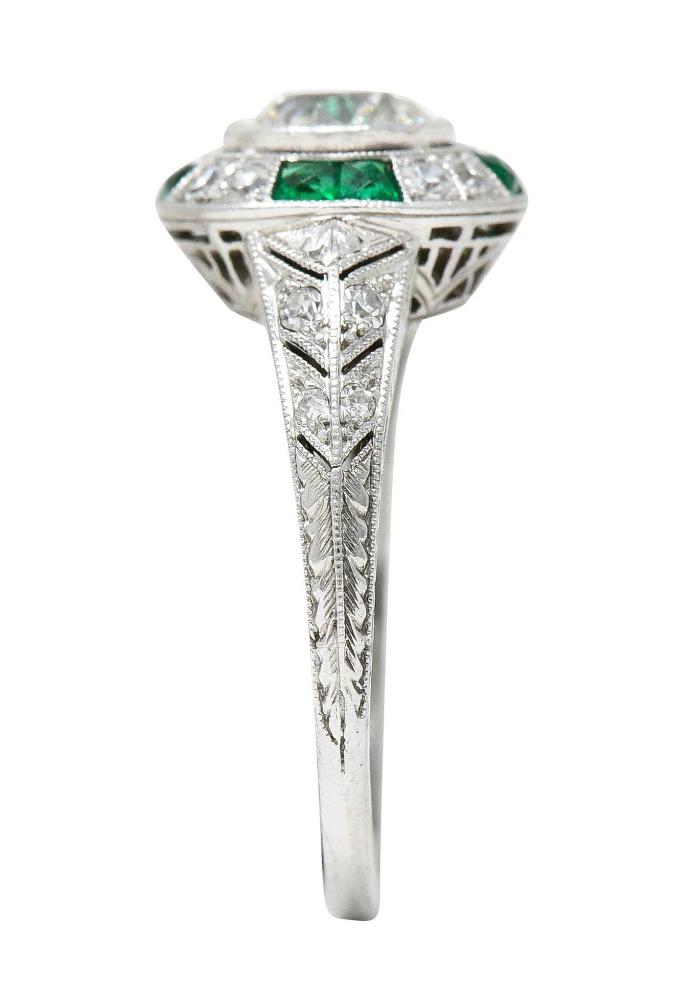 Late Art Deco Old European Diamond Emerald Platinum Engagement Ring 5