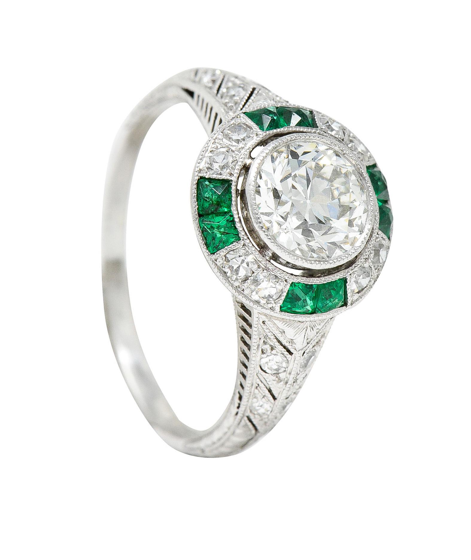 Late Art Deco Old European Diamond Emerald Platinum Engagement Ring 6