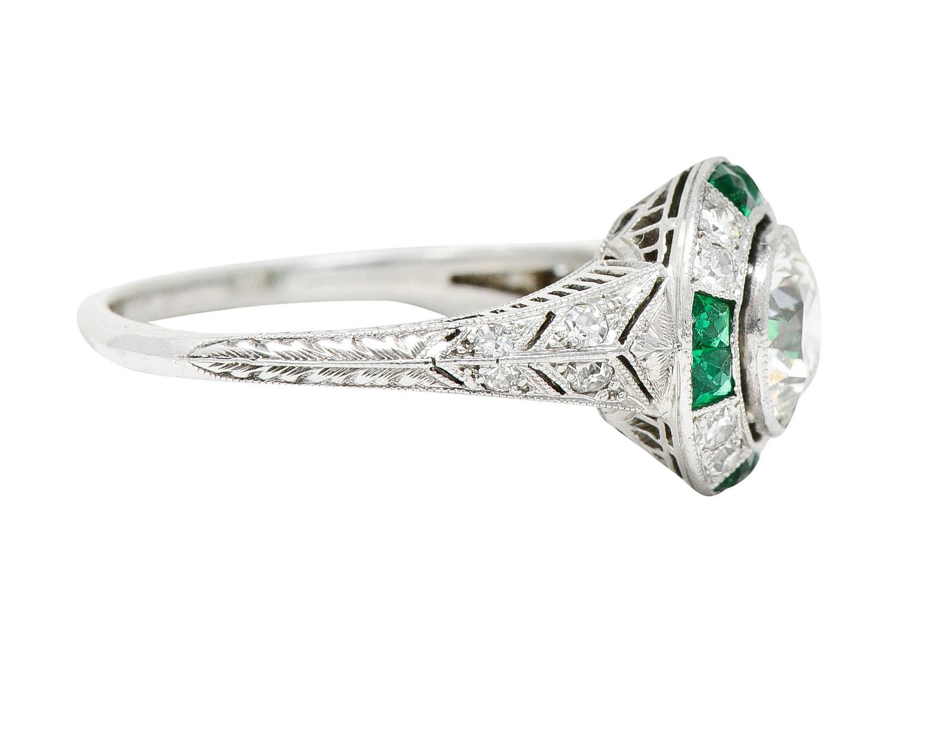 Late Art Deco Old European Diamond Emerald Platinum Engagement Ring In Excellent Condition In Philadelphia, PA
