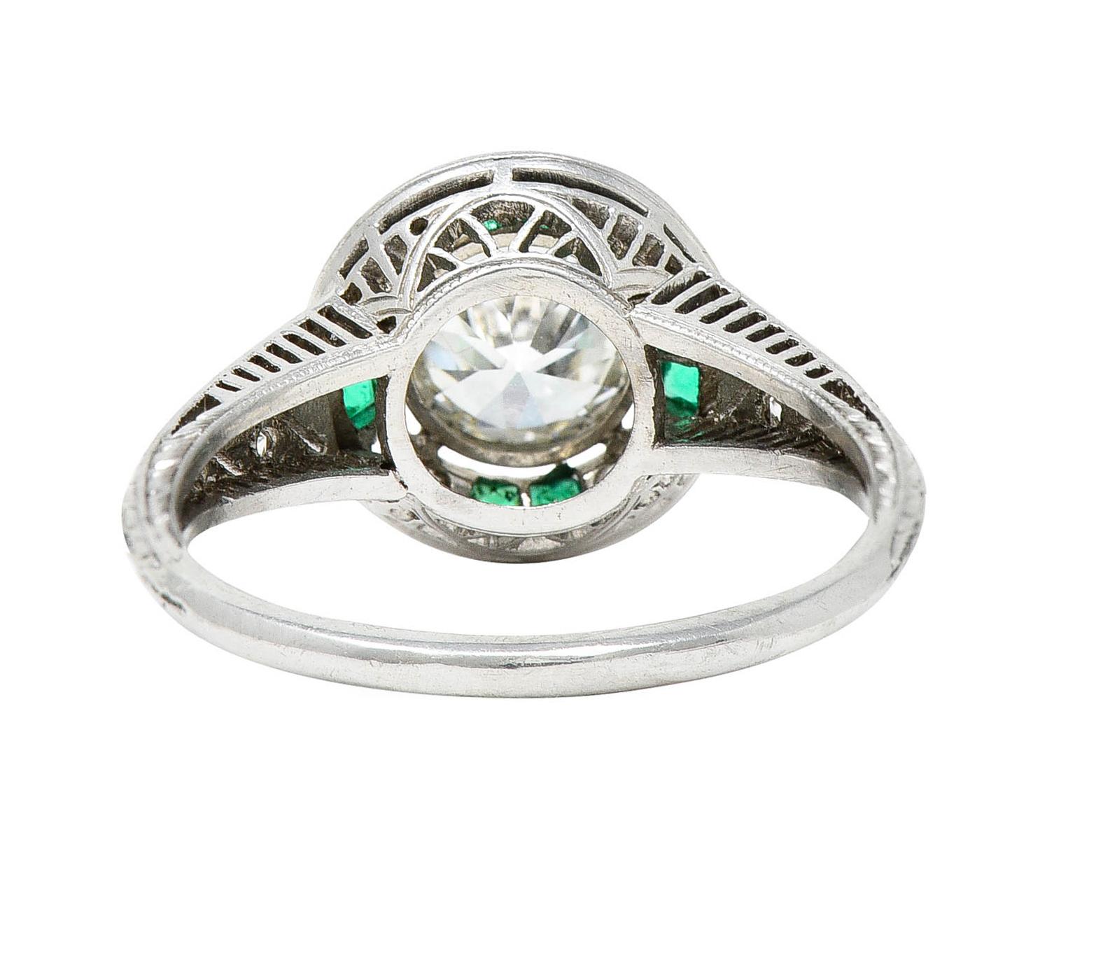 Women's or Men's Late Art Deco Old European Diamond Emerald Platinum Engagement Ring