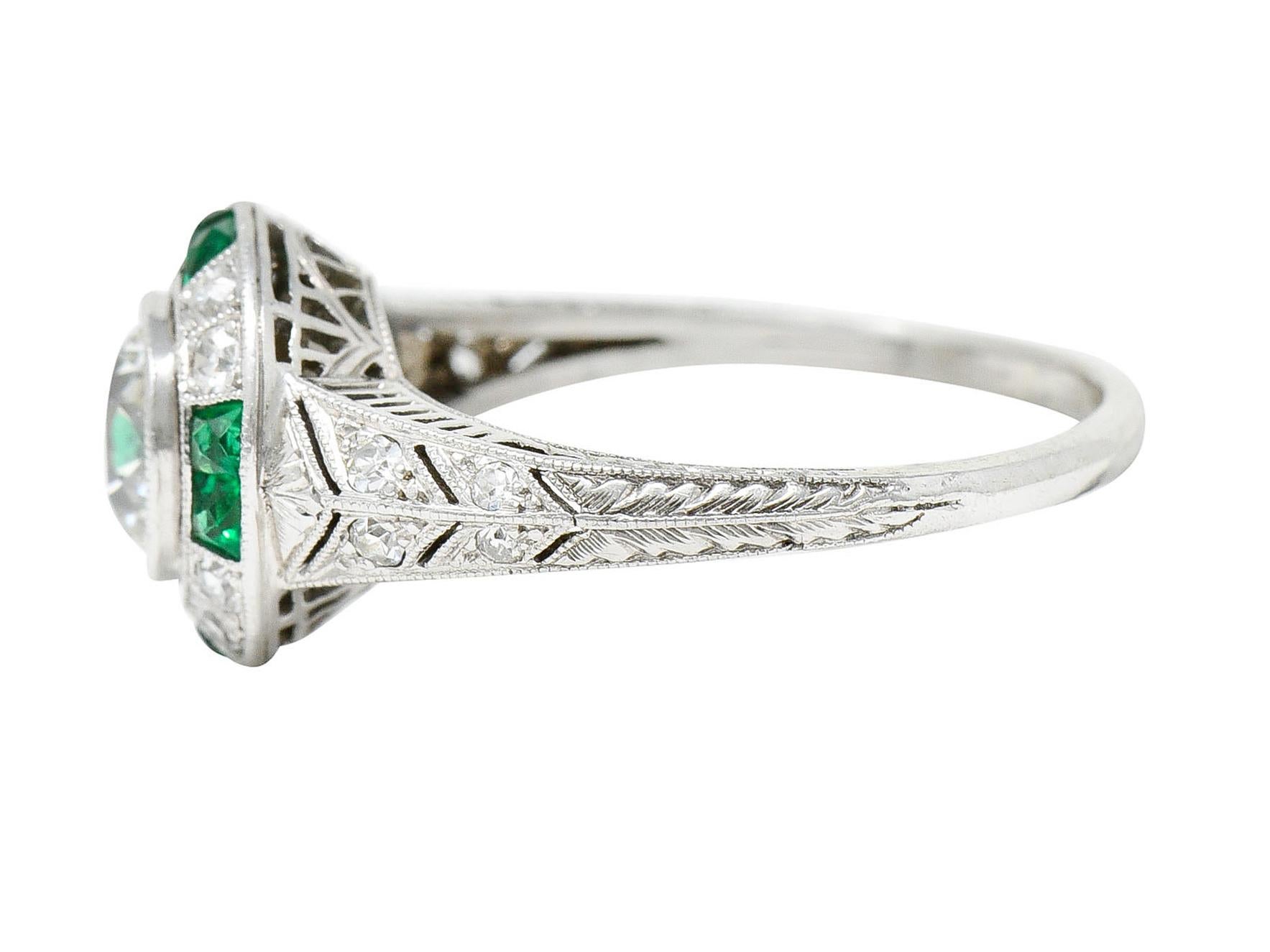 Late Art Deco Old European Diamond Emerald Platinum Engagement Ring 1
