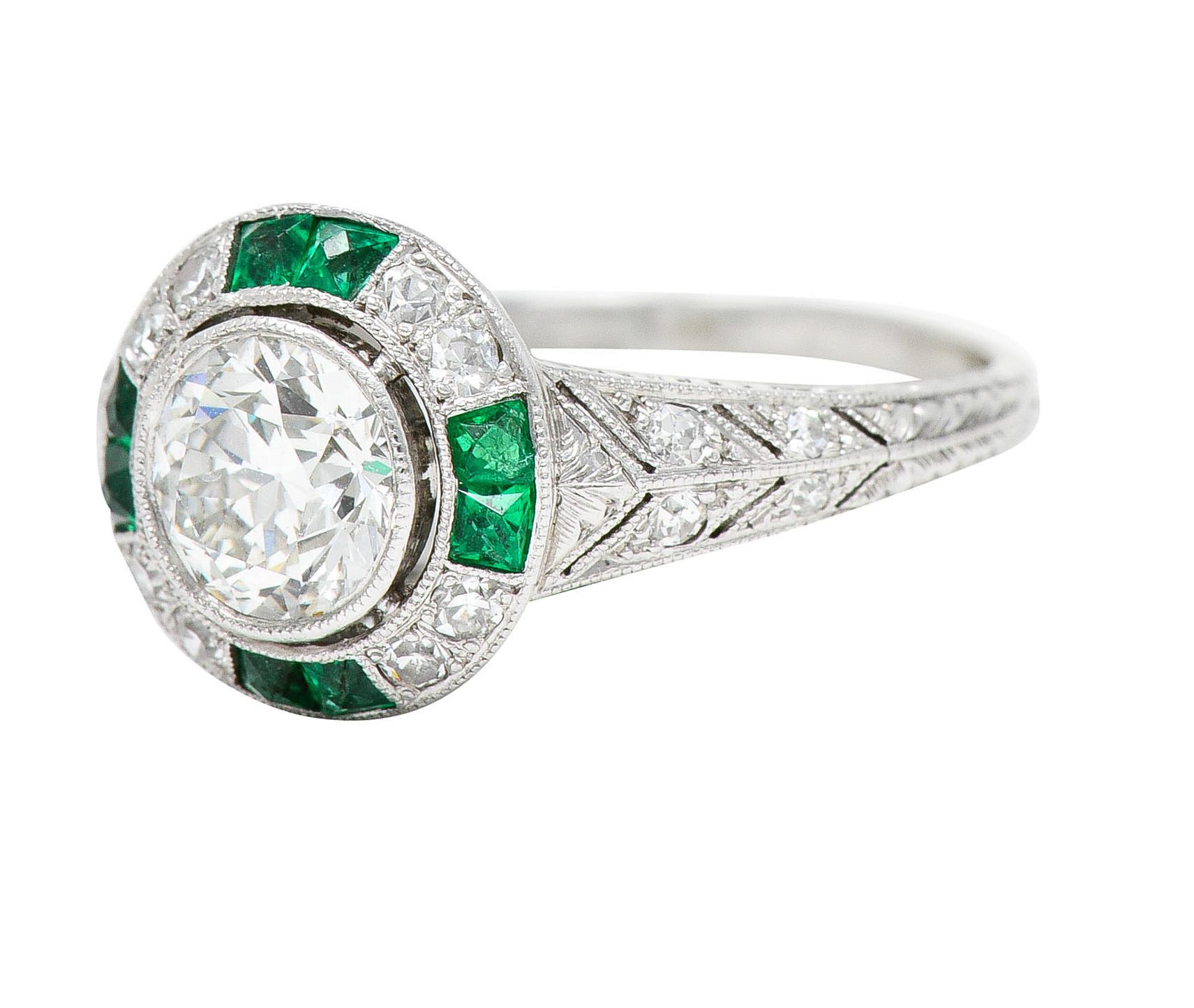 Late Art Deco Old European Diamond Emerald Platinum Engagement Ring 2