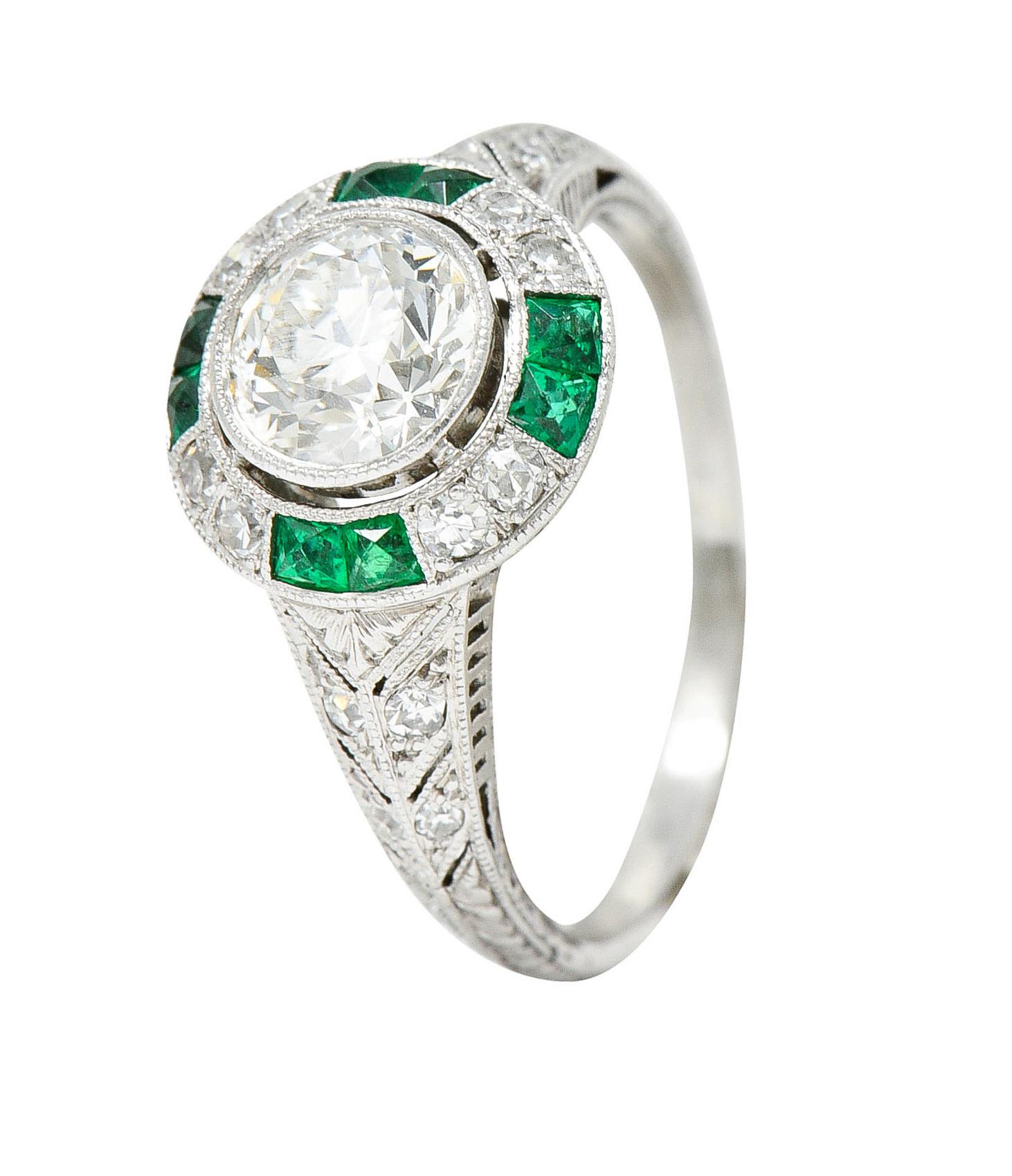 Late Art Deco Old European Diamond Emerald Platinum Engagement Ring 3