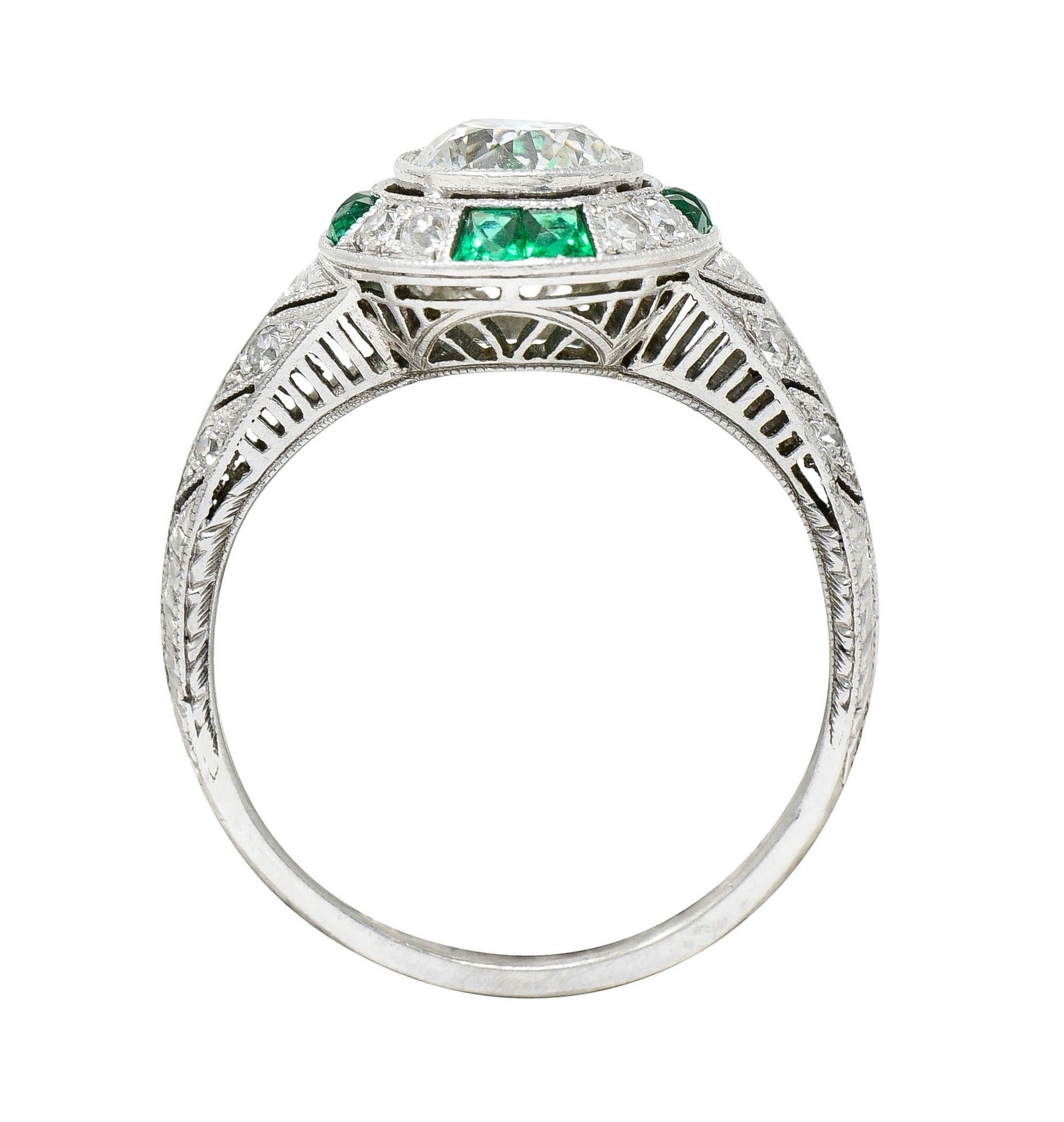 Late Art Deco Old European Diamond Emerald Platinum Engagement Ring 4