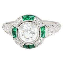 Late Art Deco Old European Diamond Emerald Platinum Engagement Ring