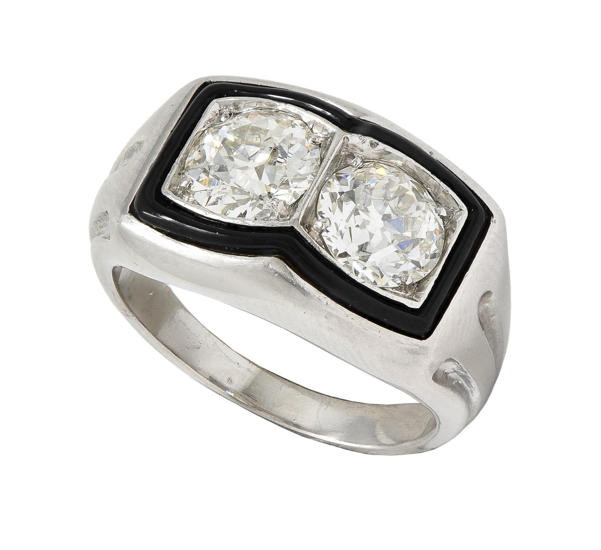 Toi-Et-Moi, bague vintage unisexe de style Art déco, vieille Europe, diamant, émail et platine en vente 5