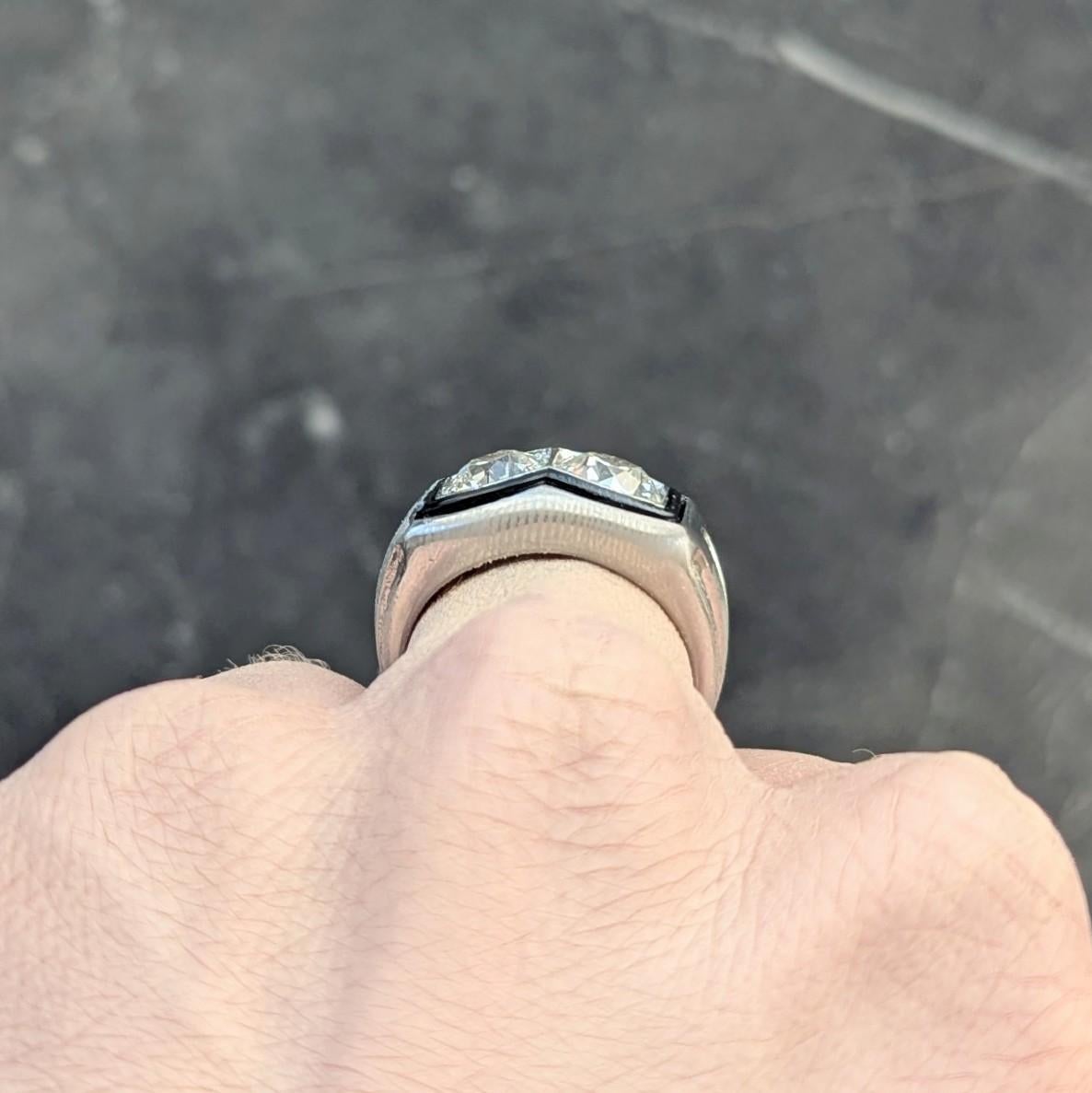 Toi-Et-Moi, bague vintage unisexe de style Art déco, vieille Europe, diamant, émail et platine en vente 6