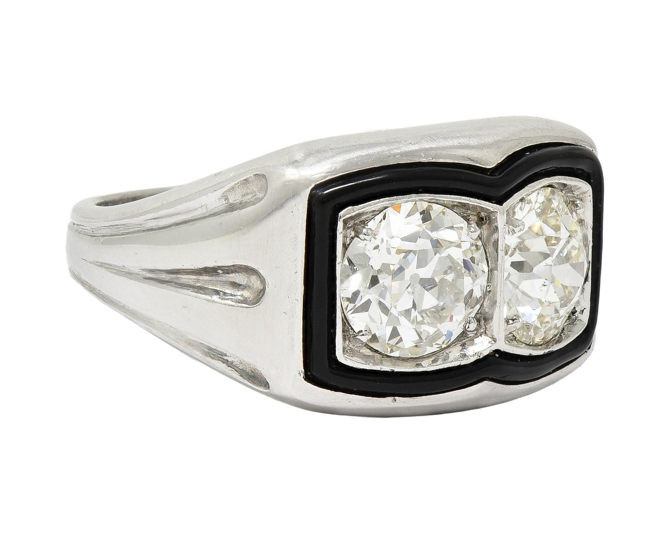 Taille vieille Europe Toi-Et-Moi, bague vintage unisexe de style Art déco, vieille Europe, diamant, émail et platine en vente