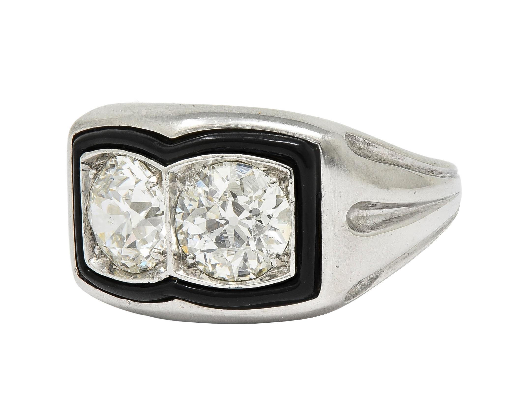 Toi-Et-Moi, bague vintage unisexe de style Art déco, vieille Europe, diamant, émail et platine en vente 2