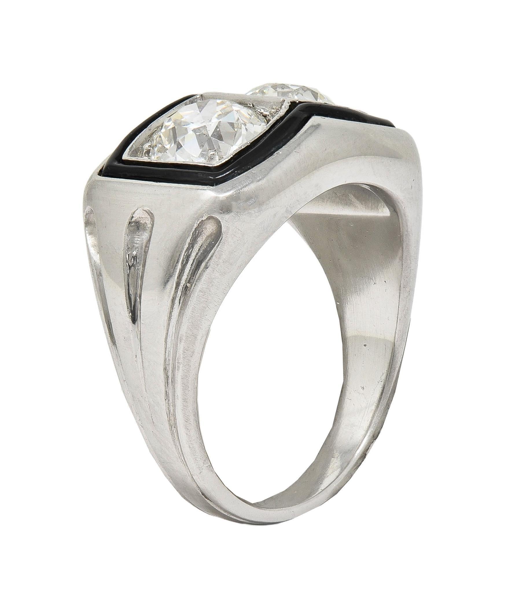 Toi-Et-Moi, bague vintage unisexe de style Art déco, vieille Europe, diamant, émail et platine en vente 3