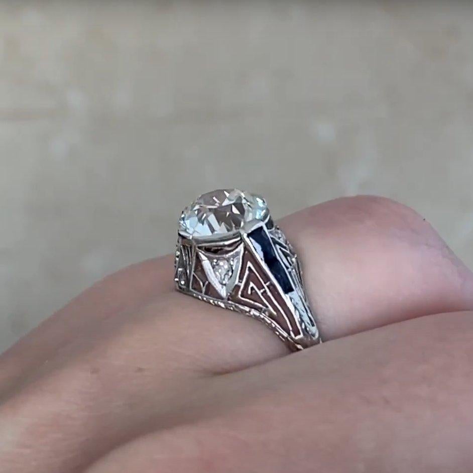 Art Deco Old European Diamond (GIA Approx 2.10-Carats) & Sapphire Ring, Platinum In Excellent Condition For Sale In New York, NY