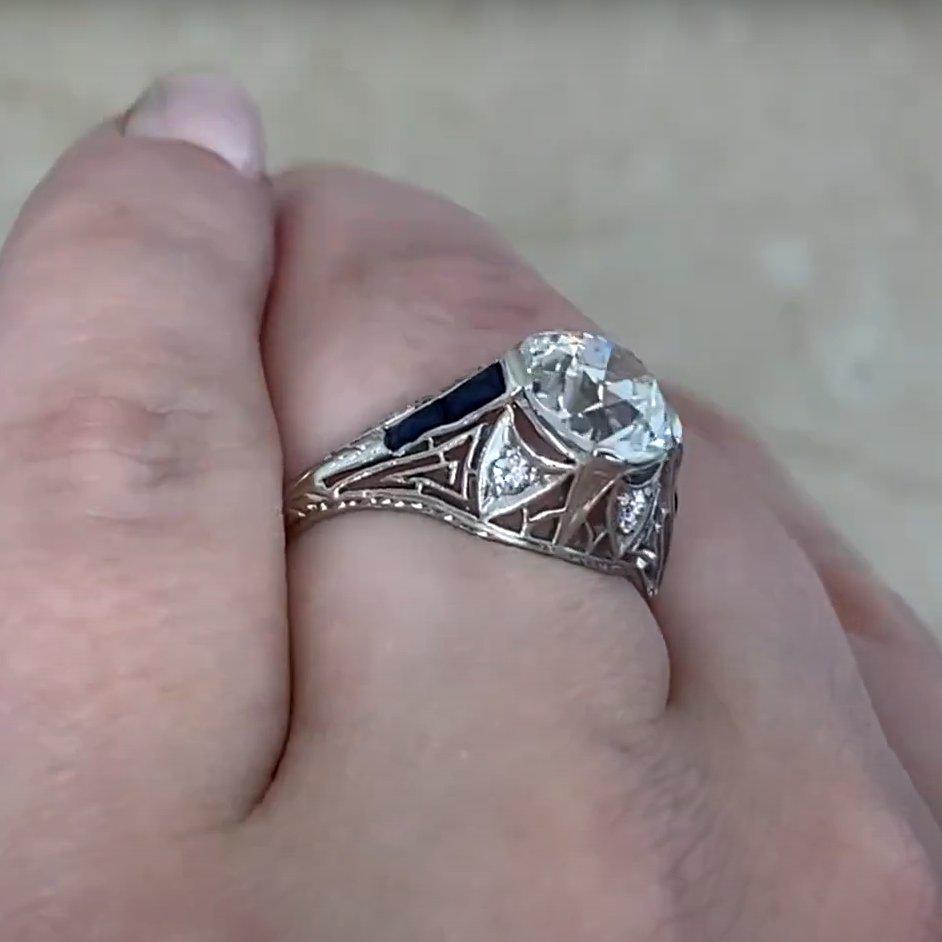 Art Deco Old European Diamond (GIA Approx 2.10-Carats) & Sapphire Ring, Platinum For Sale 1
