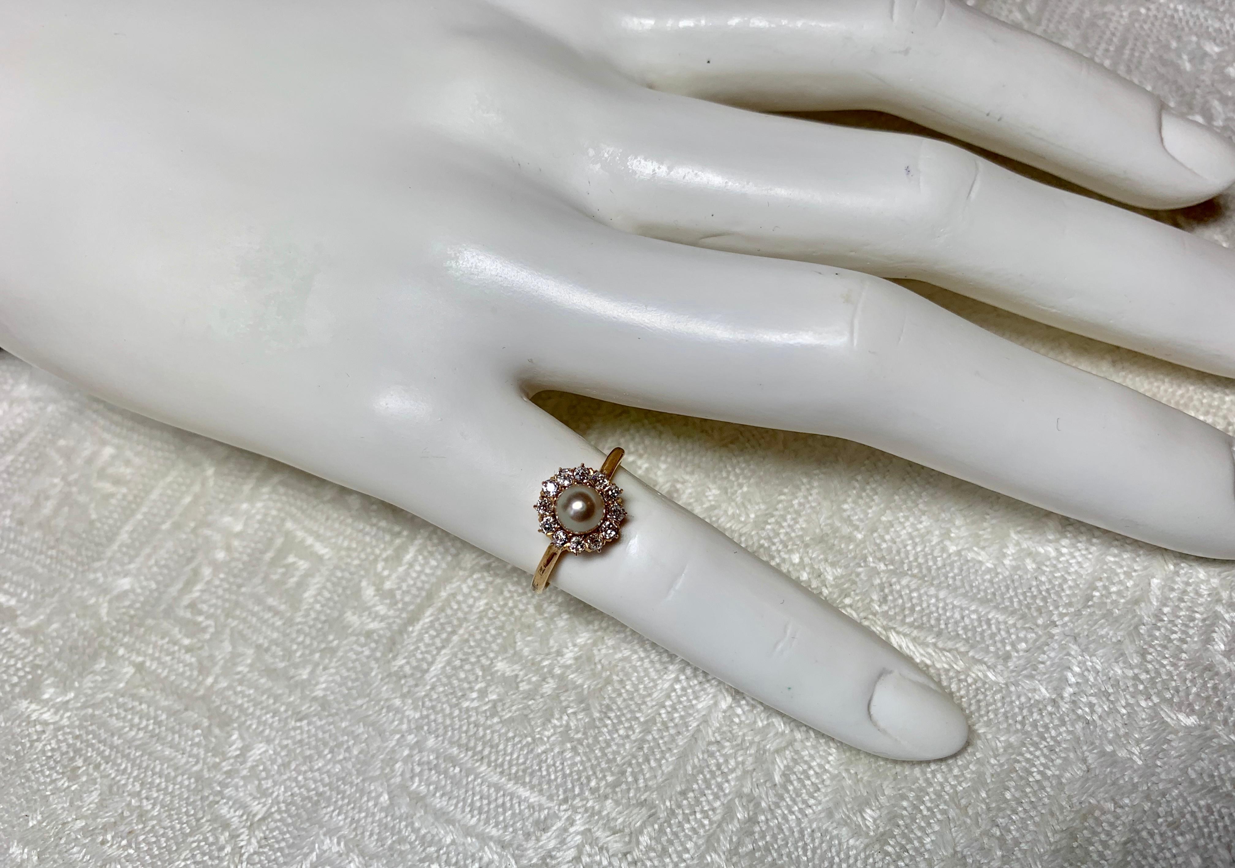 Art Deco Old European Diamond Halo Pearl Ring 14 Karat Gold Antique Engagement 2
