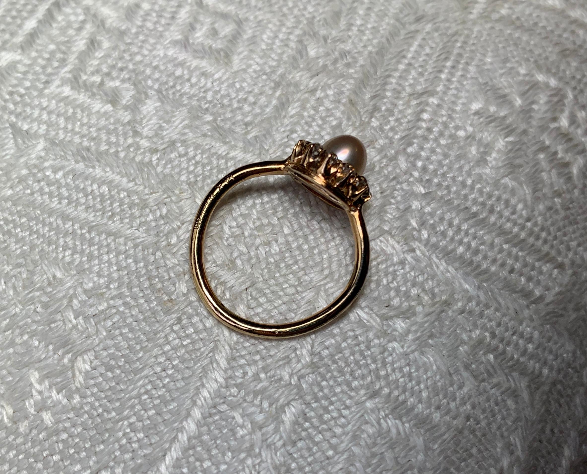 Art Deco Old European Diamond Halo Pearl Ring 14 Karat Gold Antique Engagement 4