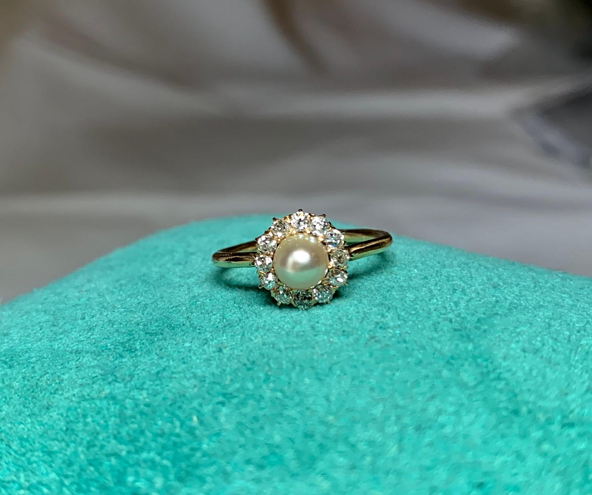 Old European Cut Art Deco Old European Diamond Halo Pearl Ring 14 Karat Gold Antique Engagement