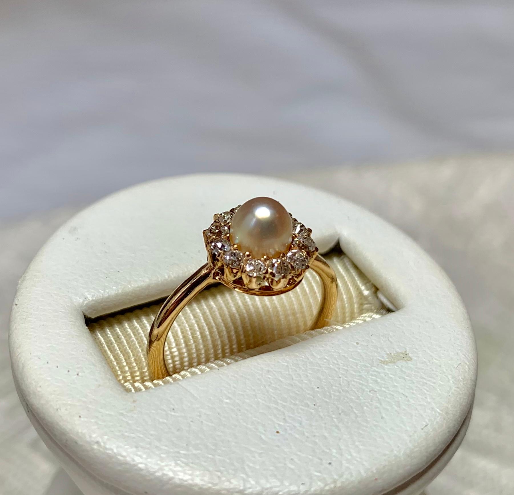 Art Deco Old European Diamond Halo Pearl Ring 14 Karat Gold Antique Engagement In Good Condition In New York, NY