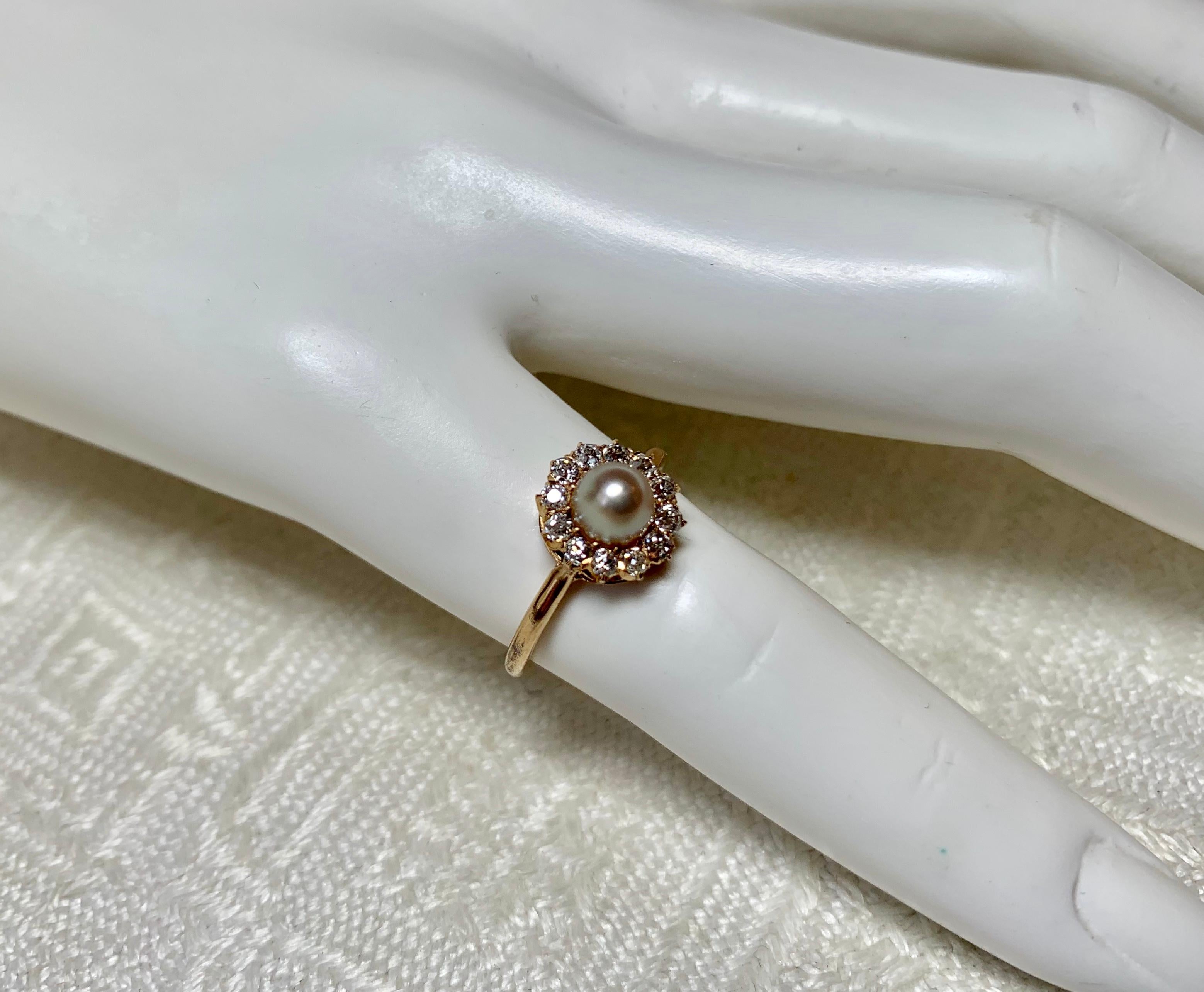 Women's Art Deco Old European Diamond Halo Pearl Ring 14 Karat Gold Antique Engagement