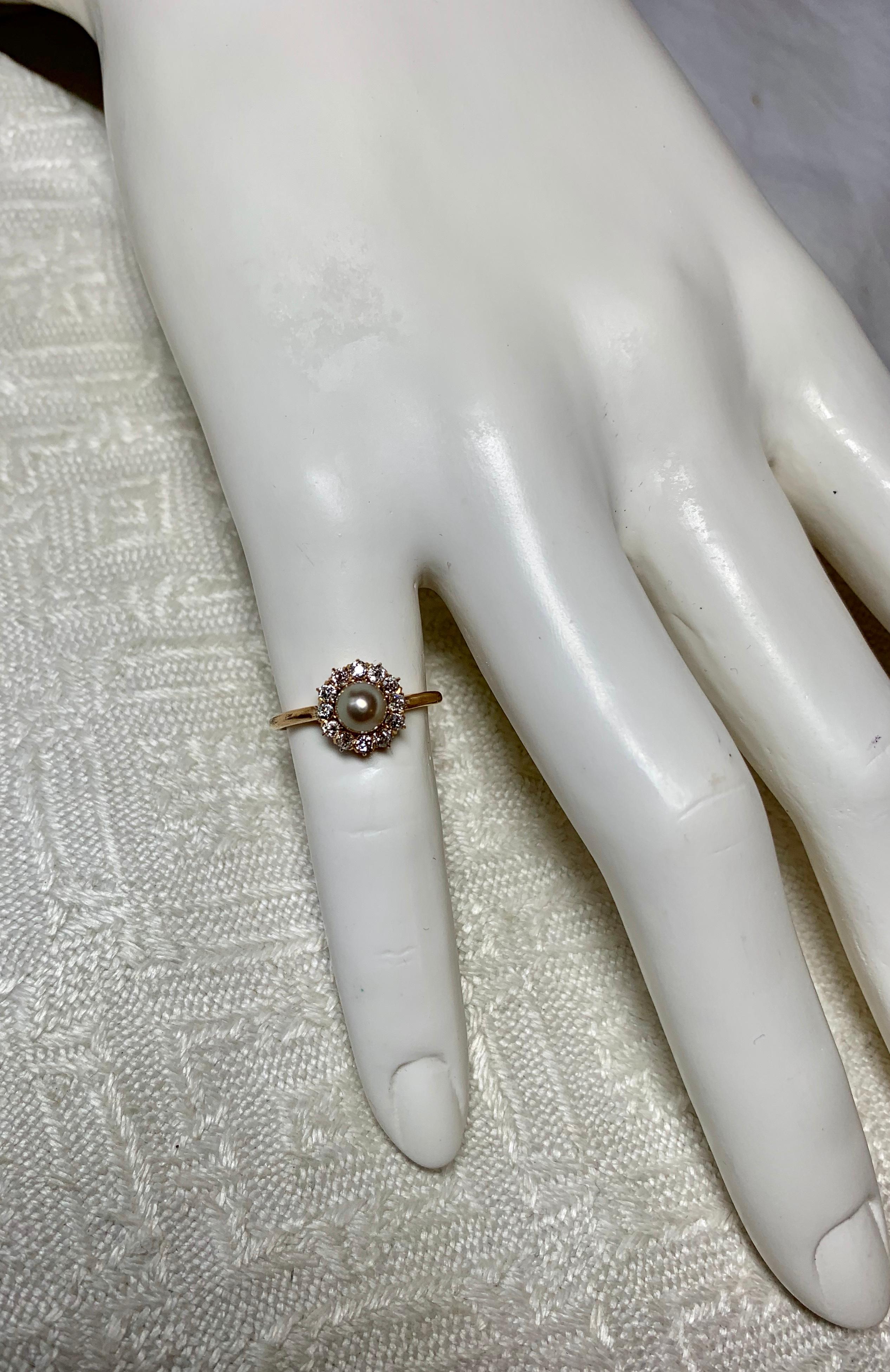 Art Deco Old European Diamond Halo Pearl Ring 14 Karat Gold Antique Engagement 1