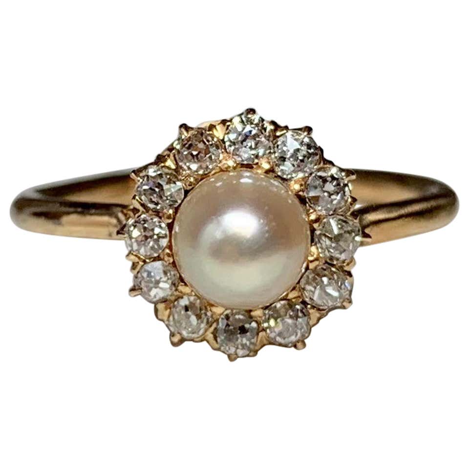 Art Deco Old European Diamond Halo Pearl Ring 14 Karat Gold Antique ...