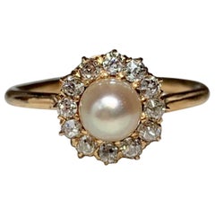 Art Deco Old European Diamond Halo Pearl Ring 14 Karat Gold Antique Engagement