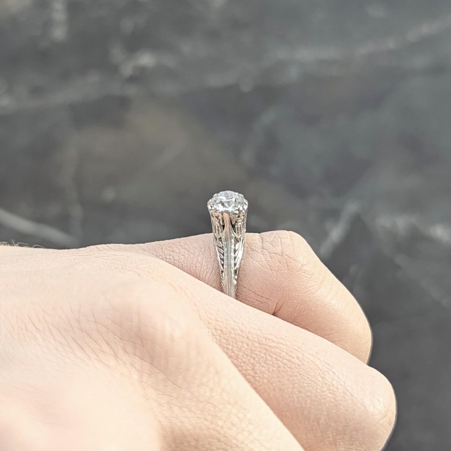 Art Deco Old European Diamond Platinum Antique Floral Solitaire Engagement Ring For Sale 5