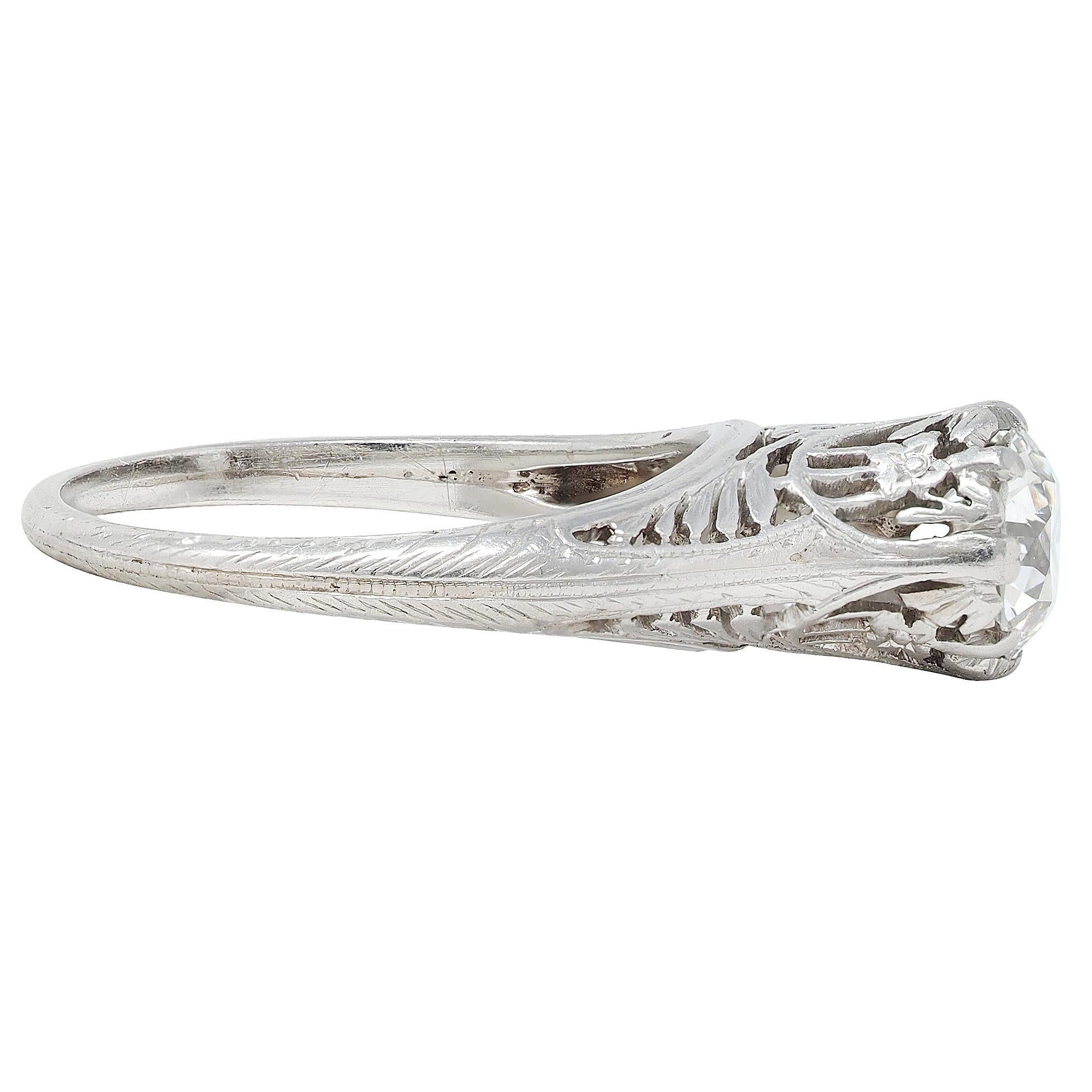 Old European Cut Art Deco Old European Diamond Platinum Antique Floral Solitaire Engagement Ring For Sale