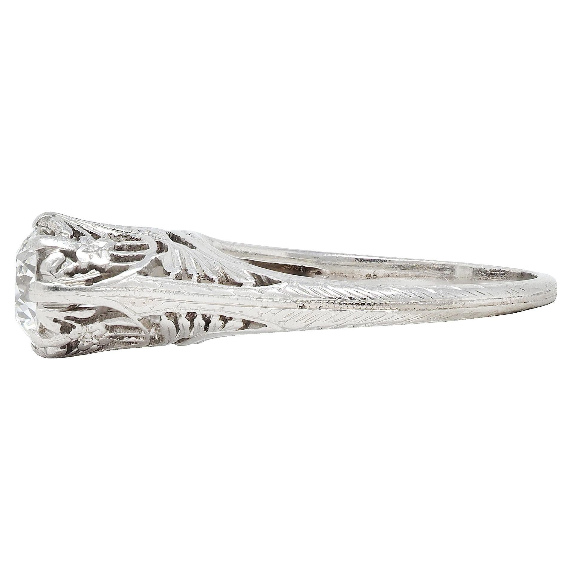 Women's or Men's Art Deco Old European Diamond Platinum Antique Floral Solitaire Engagement Ring For Sale