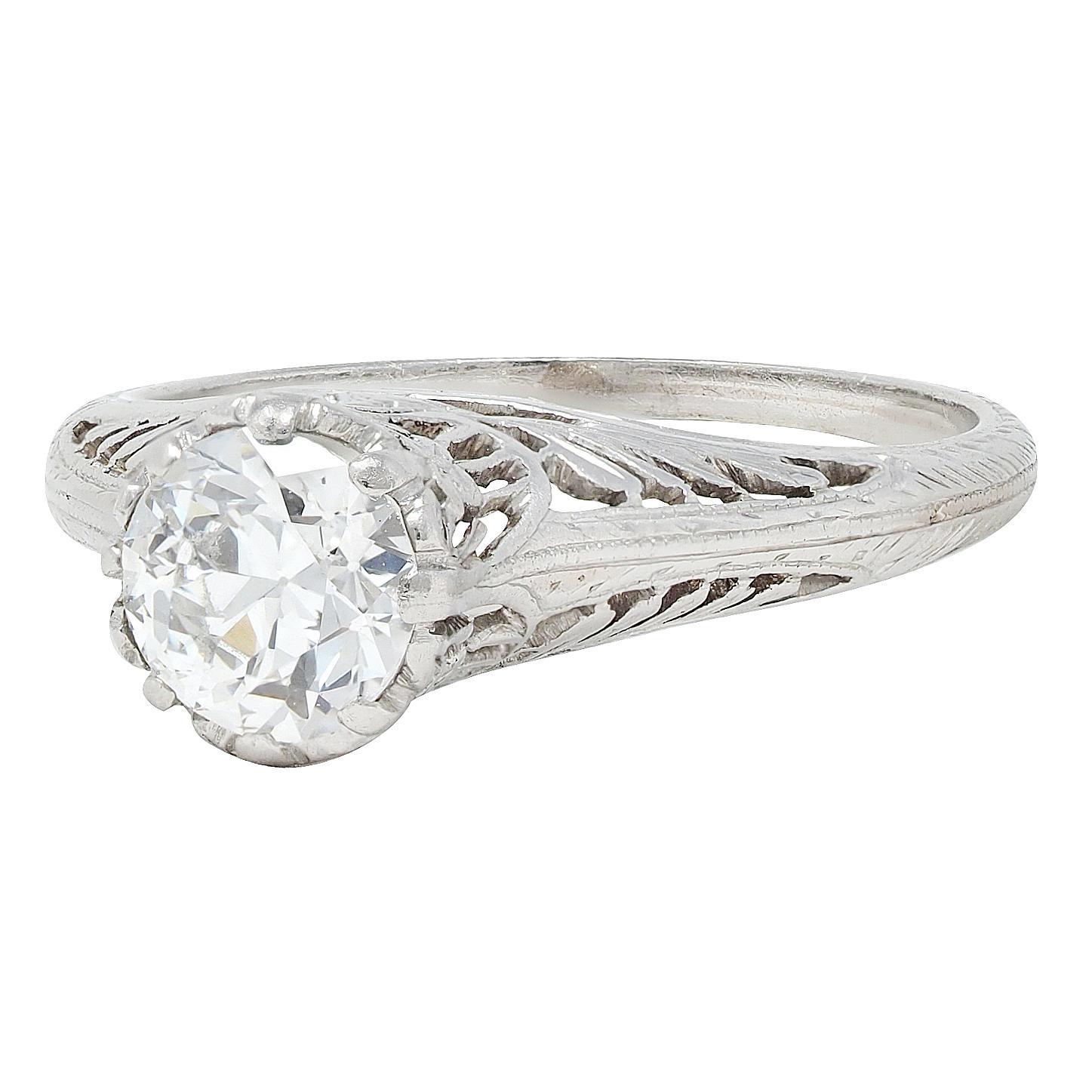Art Deco Old European Diamond Platinum Antique Floral Solitaire Engagement Ring For Sale 1