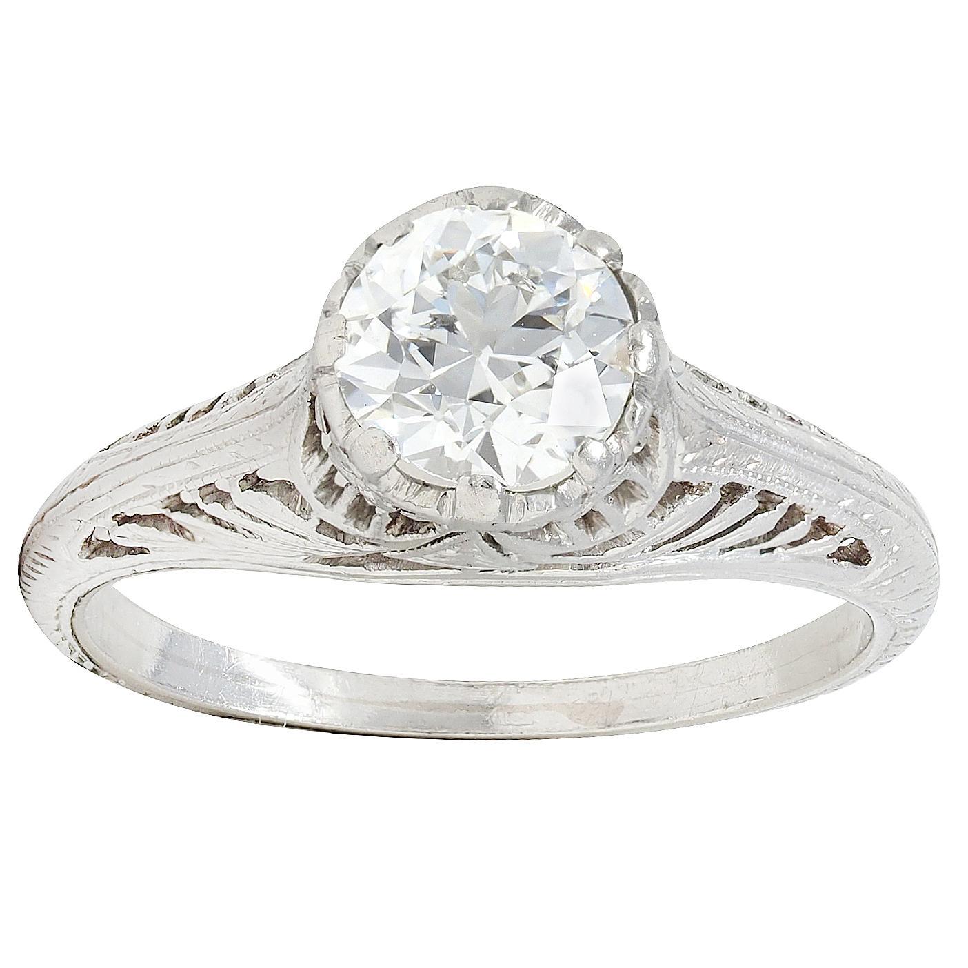 Art Deco Old European Diamond Platinum Antique Floral Solitaire Engagement Ring For Sale 2