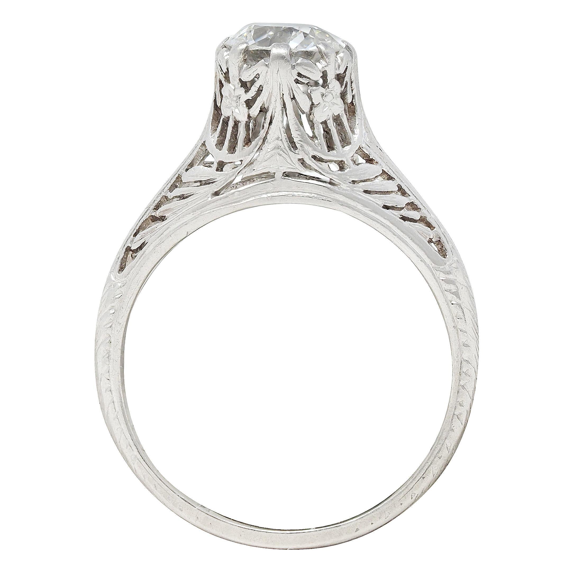 Art Deco Old European Diamond Platinum Antique Floral Solitaire Engagement Ring For Sale 3