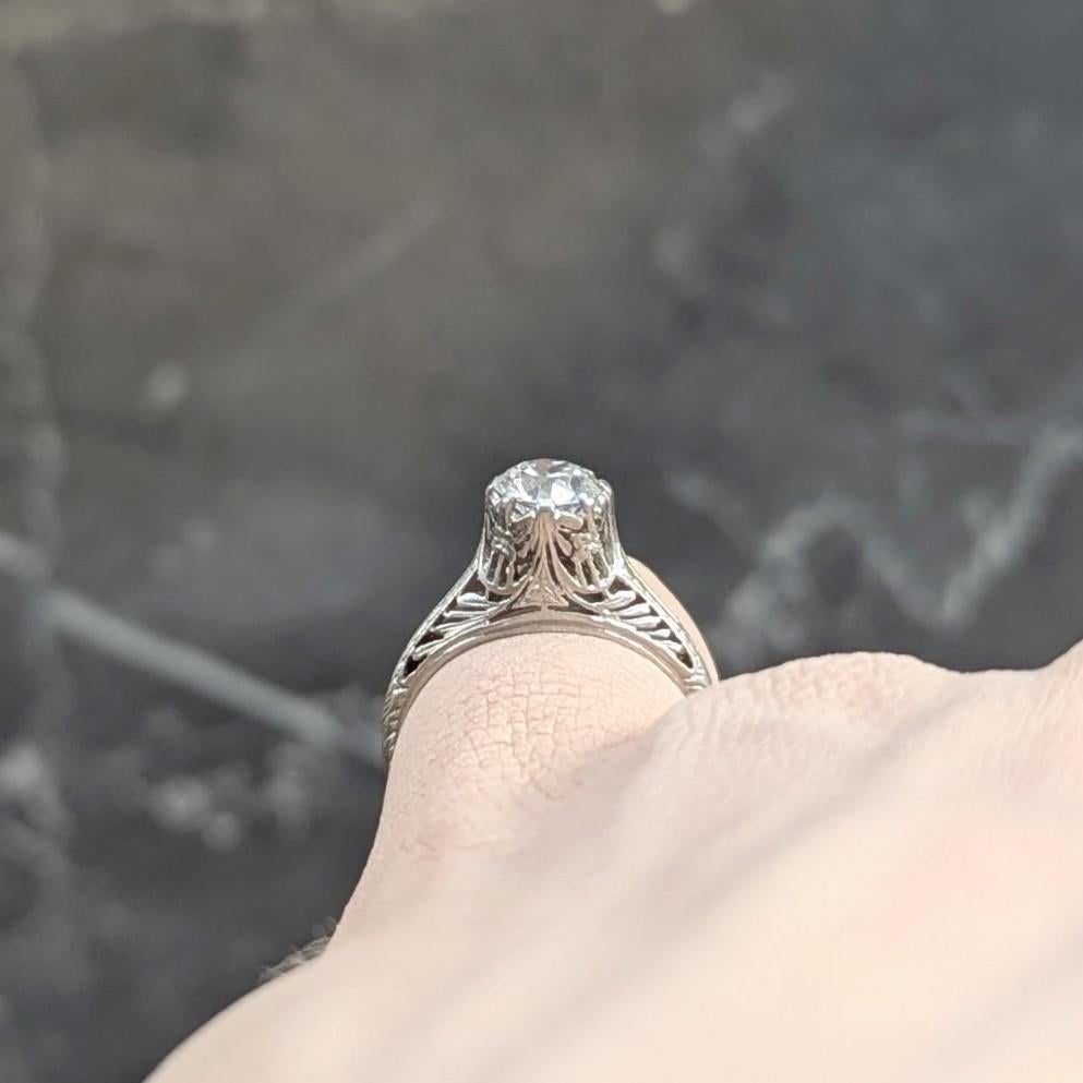 Art Deco Old European Diamond Platinum Antique Floral Solitaire Engagement Ring For Sale 4