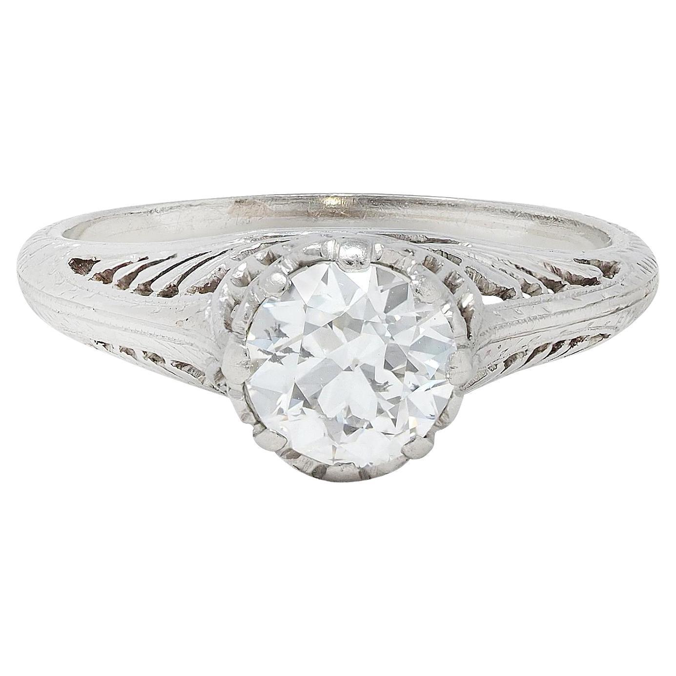 Art Decó Antiguo Diamante Europeo Platino Antiguo Floral Anillo de Compromiso Solitario