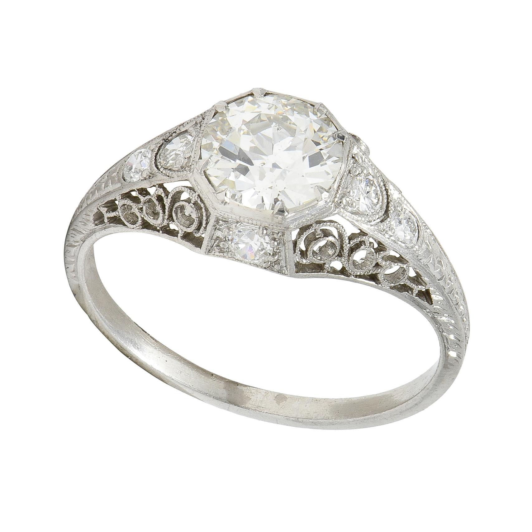 Anello di fidanzamento Art Deco Old European Diamond Platinum Antique Scroll Filigree in vendita 5