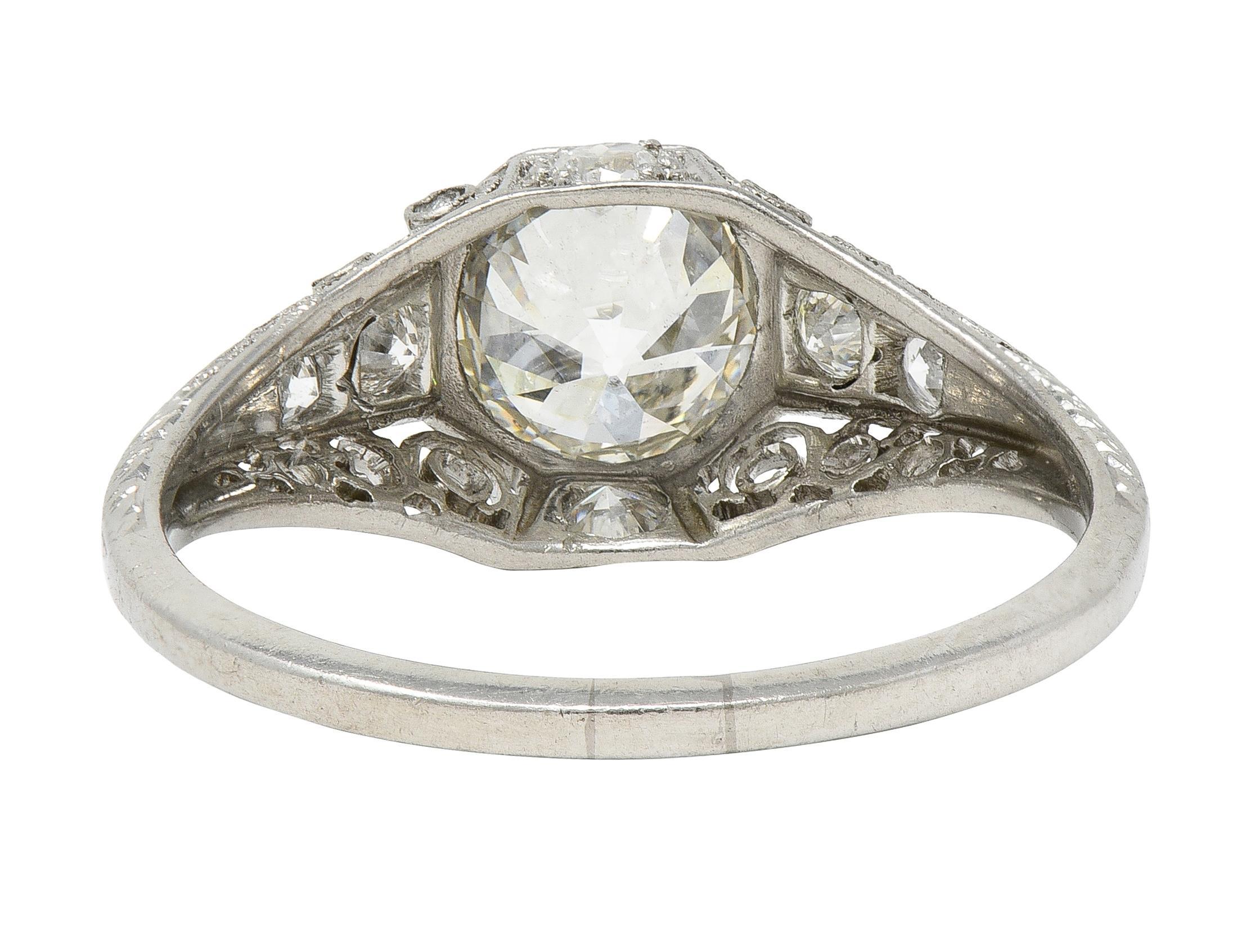 Donna Anello di fidanzamento Art Deco Old European Diamond Platinum Antique Scroll Filigree in vendita