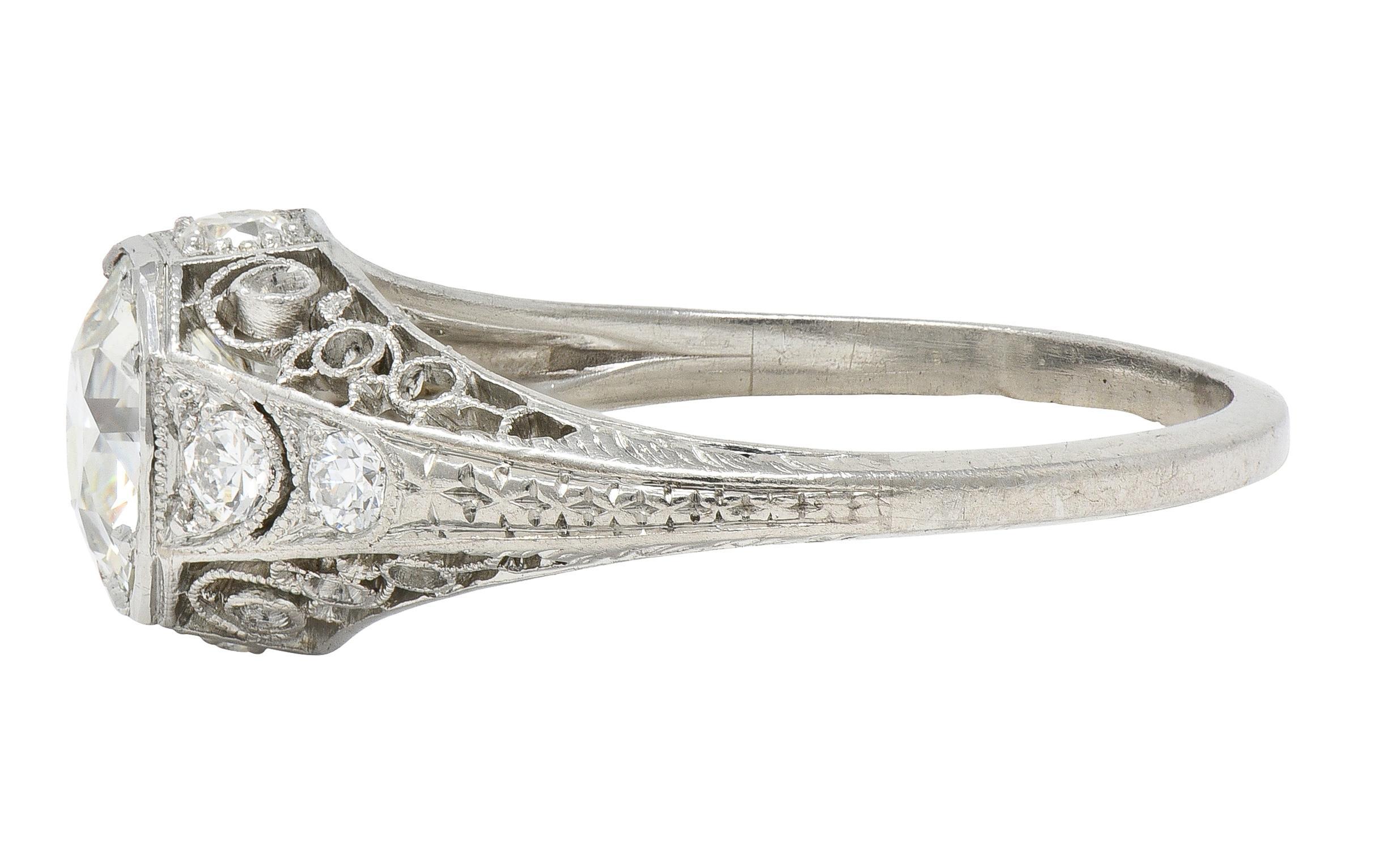 Anello di fidanzamento Art Deco Old European Diamond Platinum Antique Scroll Filigree in vendita 1