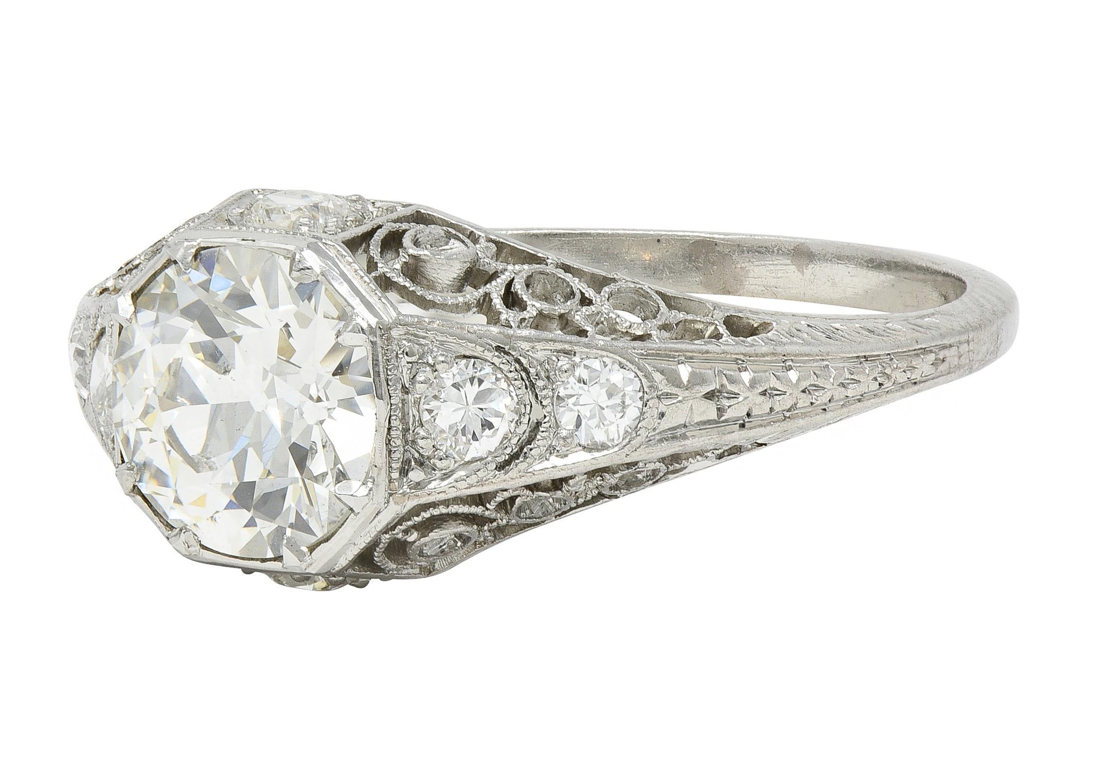Anello di fidanzamento Art Deco Old European Diamond Platinum Antique Scroll Filigree in vendita 2