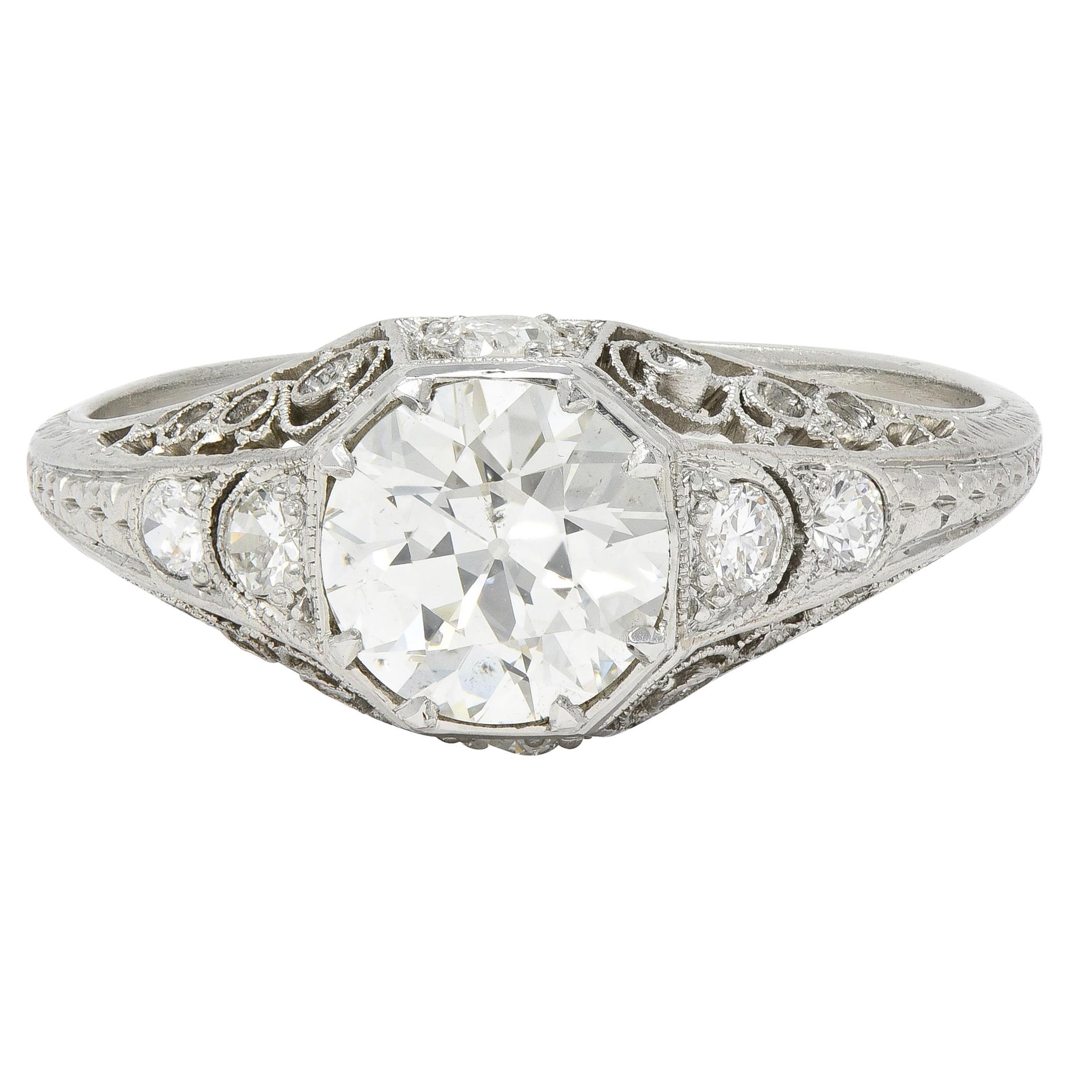 Anillo de Compromiso Art Decó Antiguo Diamante Europeo Platino Antiguo Filigrana de Pergamino